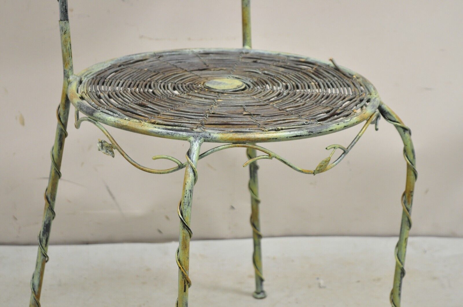 French Country Style Iron and Wood Reed Green Bistro Side Chair with Birds