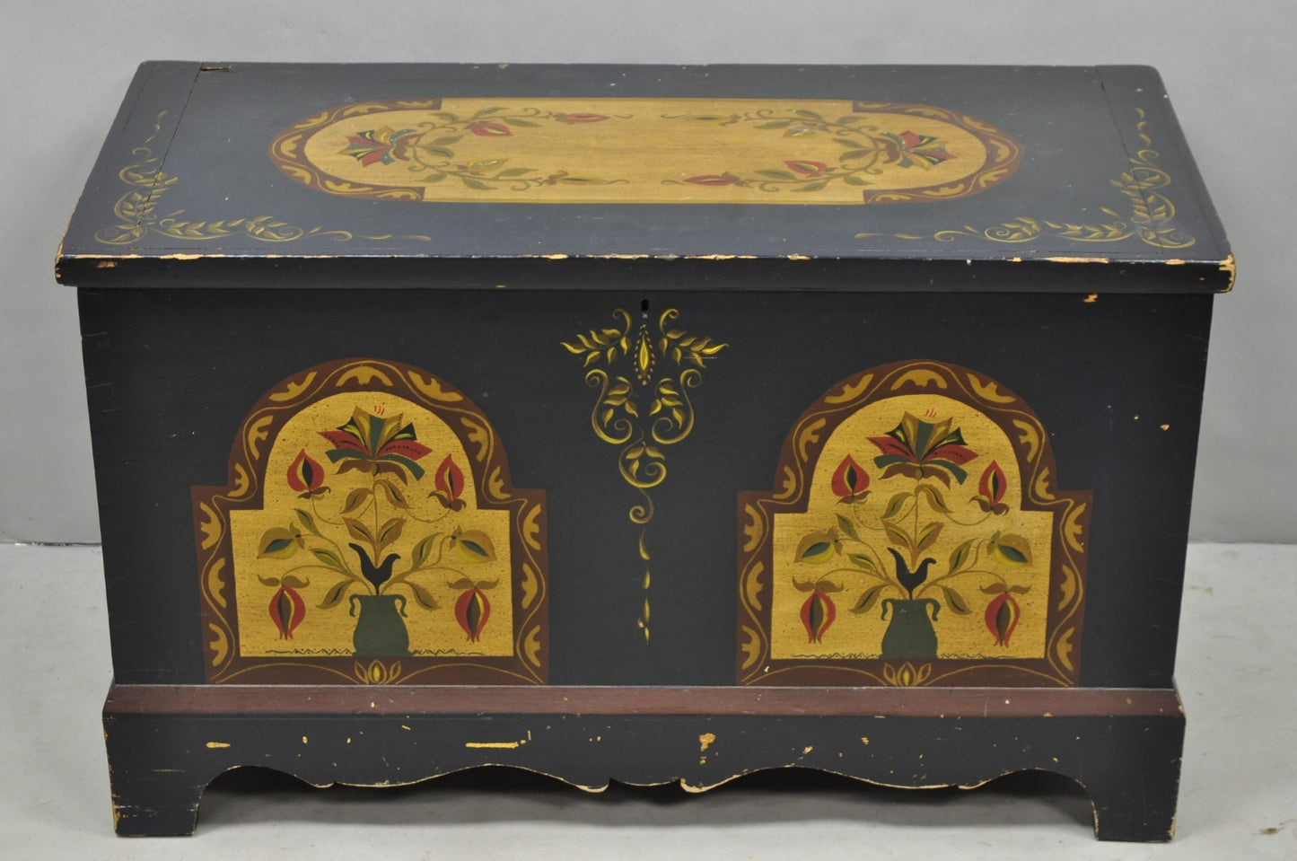 Antique Pennsylvania Dutch Colonial Blue Hand Painted Blanket Chest Trunk