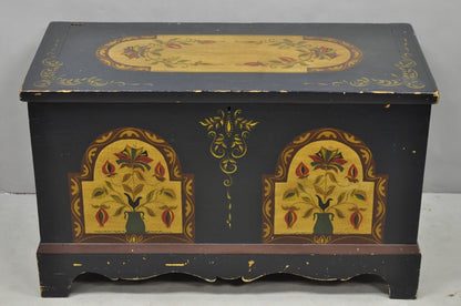Antique Pennsylvania Dutch Colonial Blue Hand Painted Blanket Chest Trunk