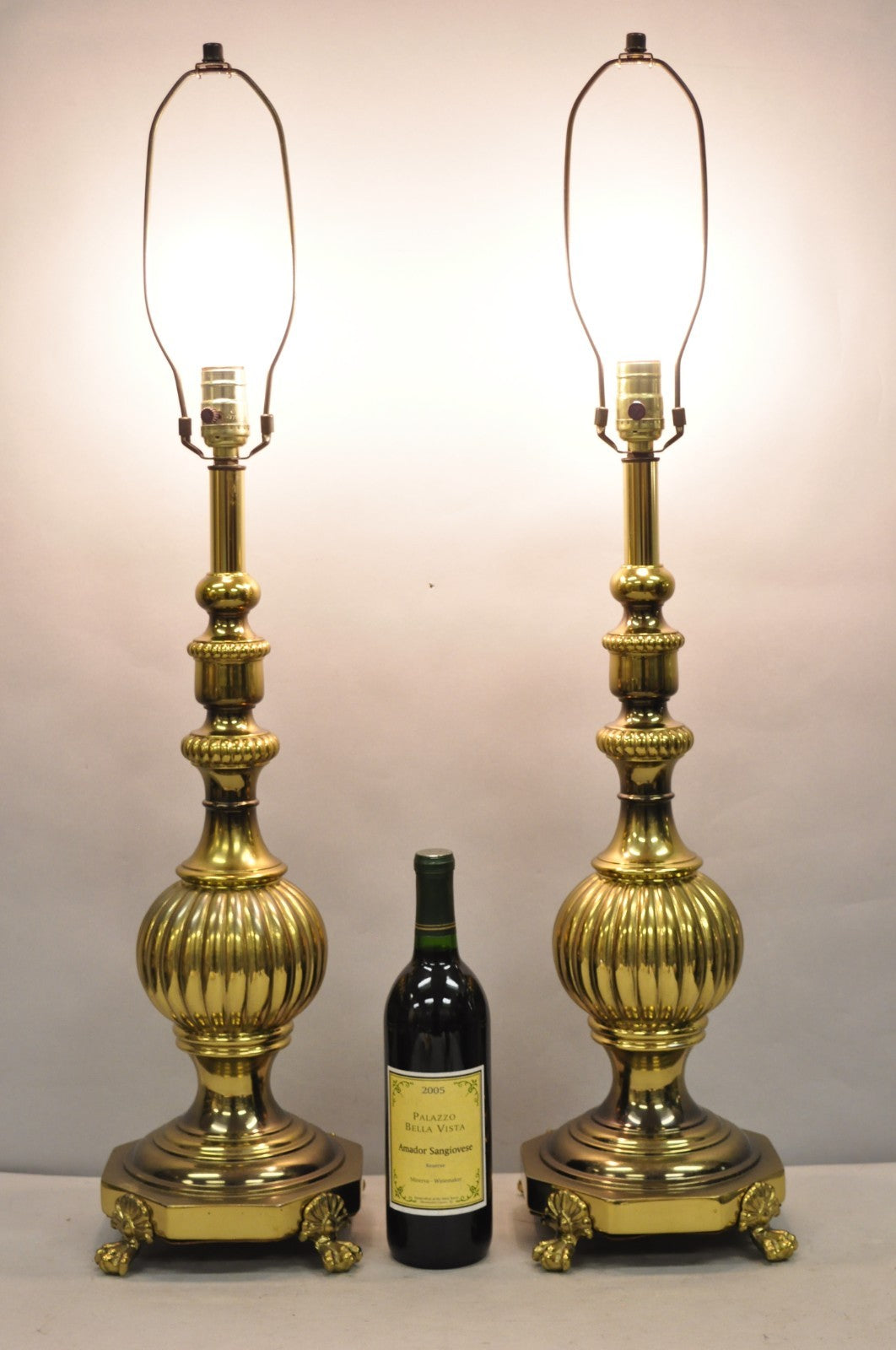 Vintage French Empire Style Burnished Brass Column Paw Foot Table Lamps - a Pair