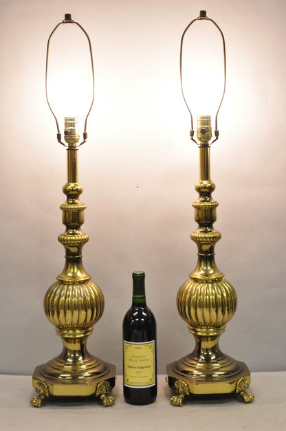Vintage French Empire Style Burnished Brass Column Paw Foot Table Lamps - a Pair