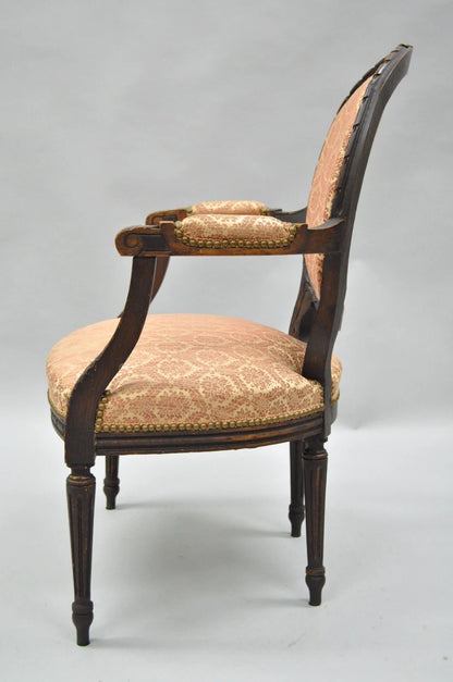 Antique French Louis XVI Style Bow Carved Walnut Fauteuil Fireside Arm Chair