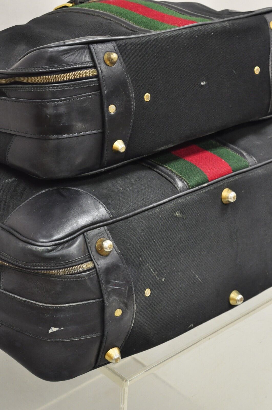 Vintage Gucci Black Canvas & Leather Suitcase Luggage Travel Bag Set - 2 Pcs