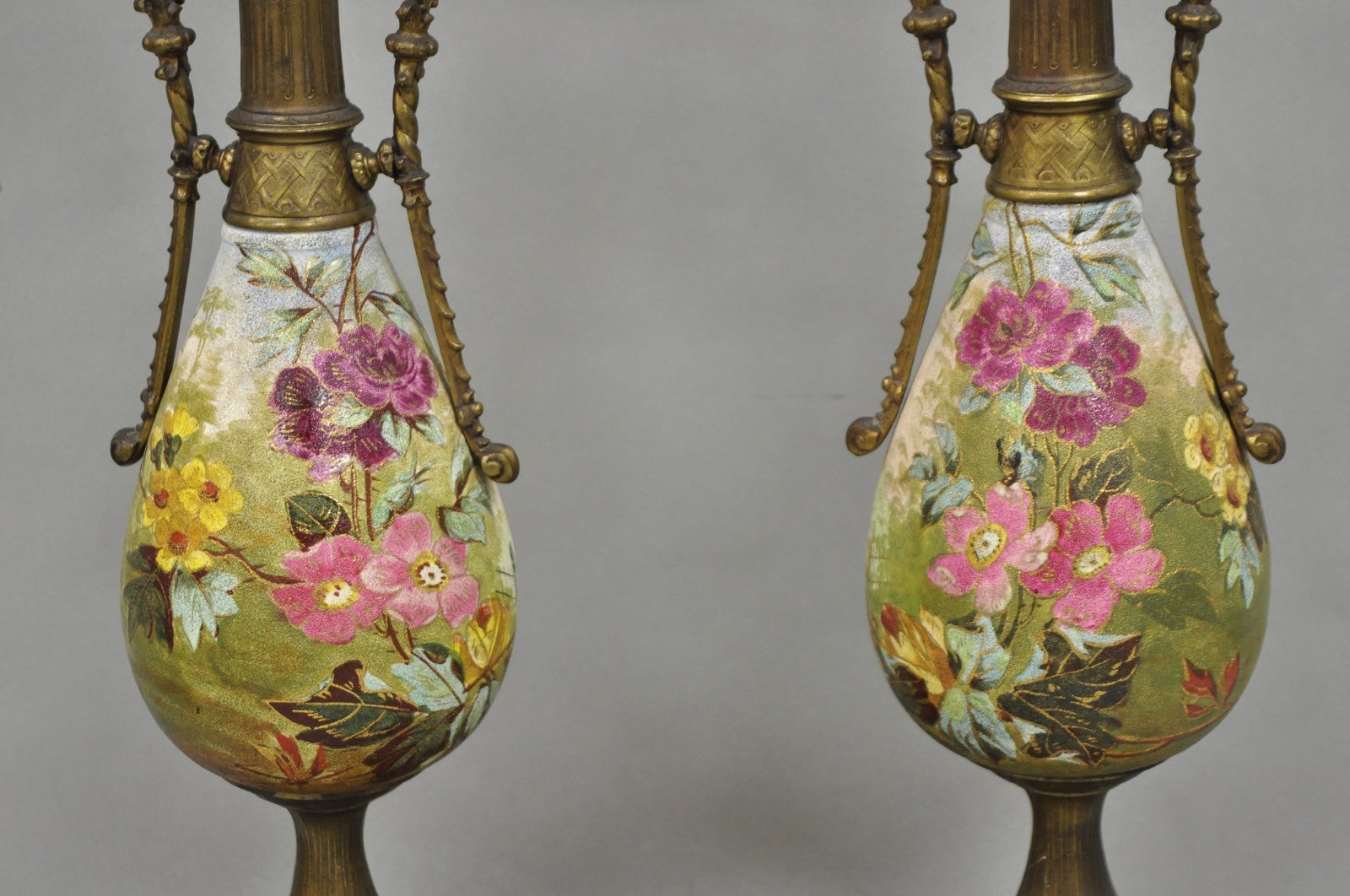 Antique Victorian Brass and Porcelain Urn Hand Painted Flower Table Lamps a Pair