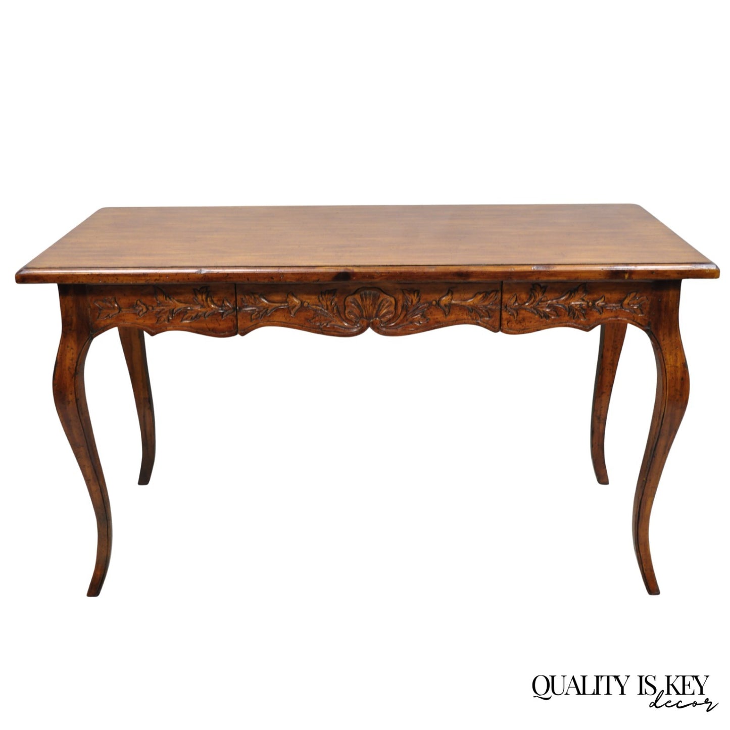 Vintage French Country Pine Wood Distress Floral Carved 1 Drawer Writing Desk