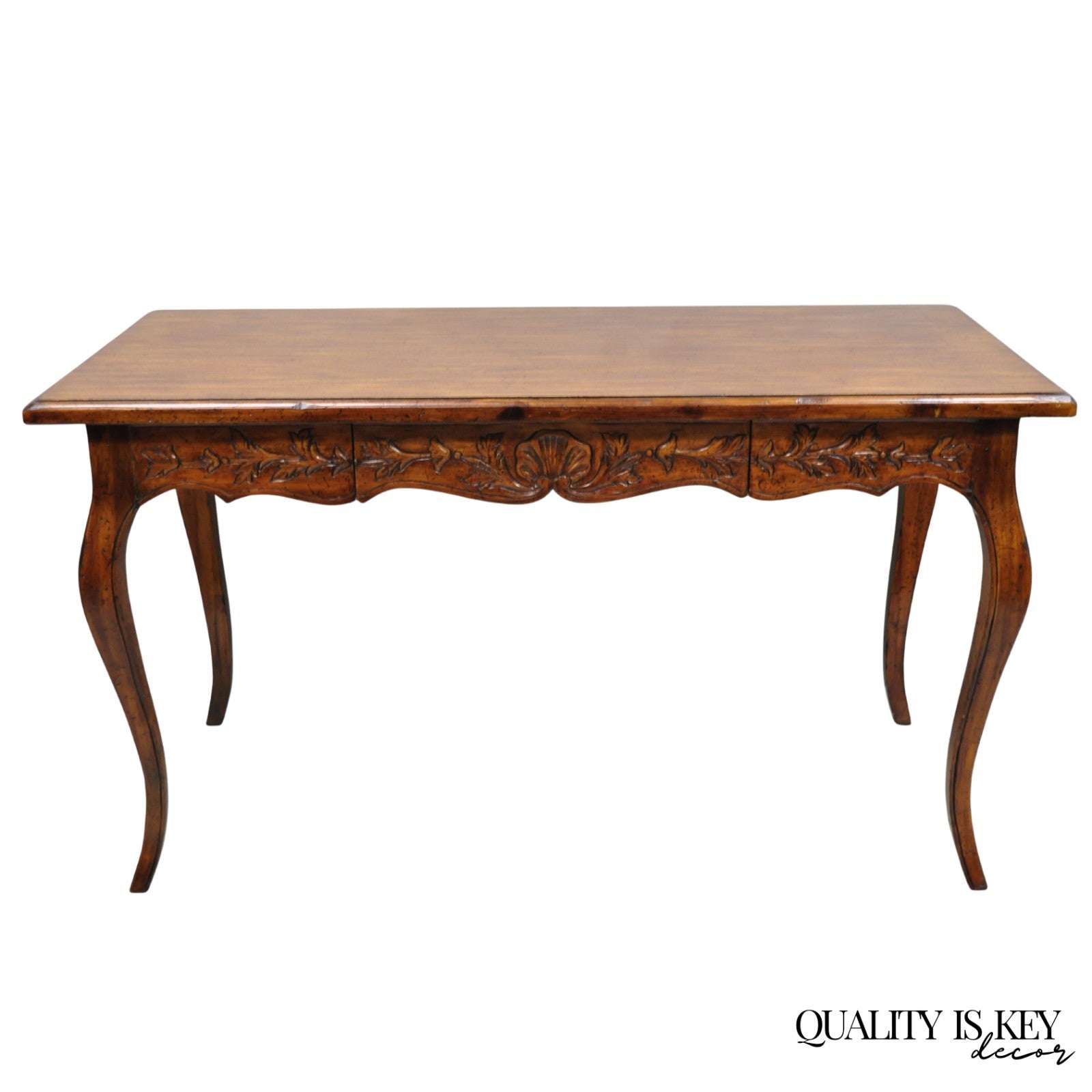 Vintage French Country Pine Wood Distress Floral Carved 1 Drawer Writing Desk