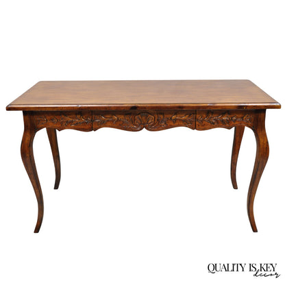 Vintage French Country Pine Wood Distress Floral Carved 1 Drawer Writing Desk