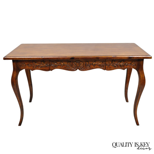 Vintage French Country Pine Wood Distress Floral Carved 1 Drawer Writing Desk