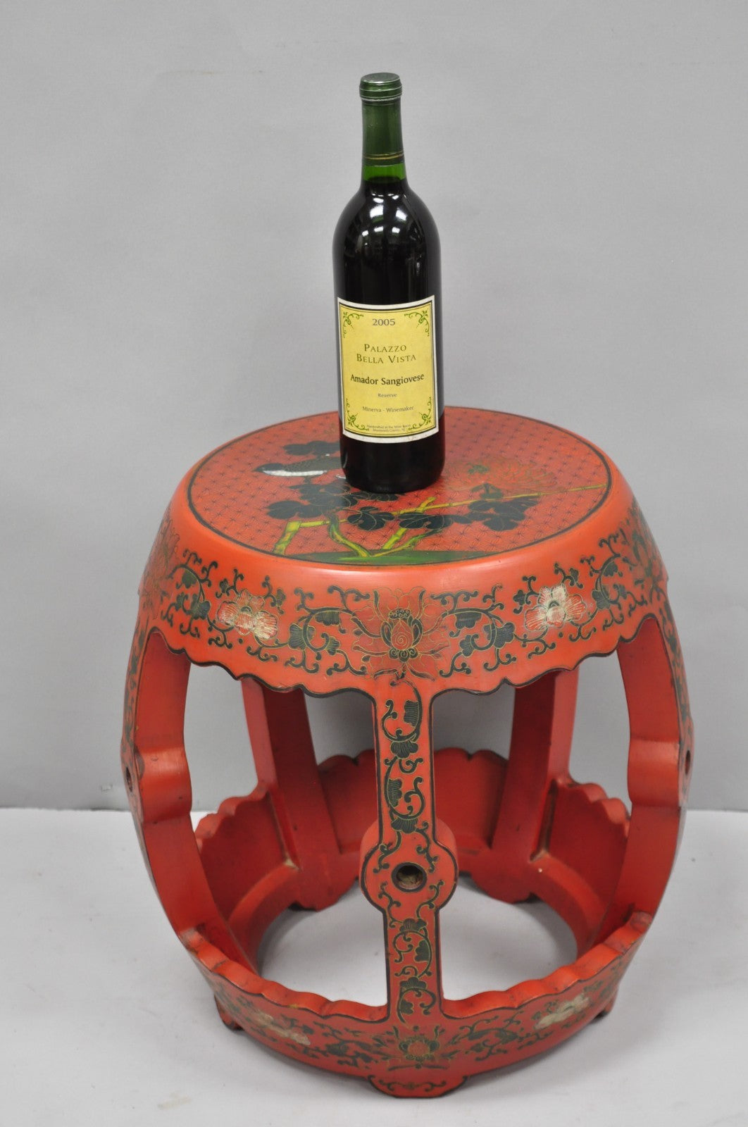 Vintage Chinoiserie Red Lacquer Plant Stand Garden Stool Drum Side Table (B)