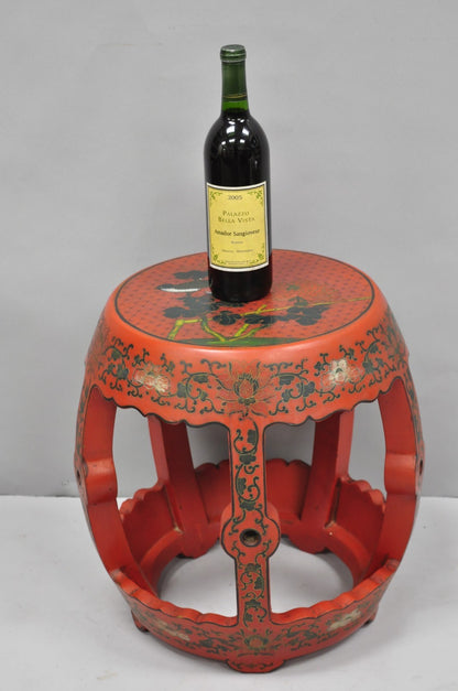 Vintage Chinoiserie Red Lacquer Plant Stand Garden Stool Drum Side Table (B)
