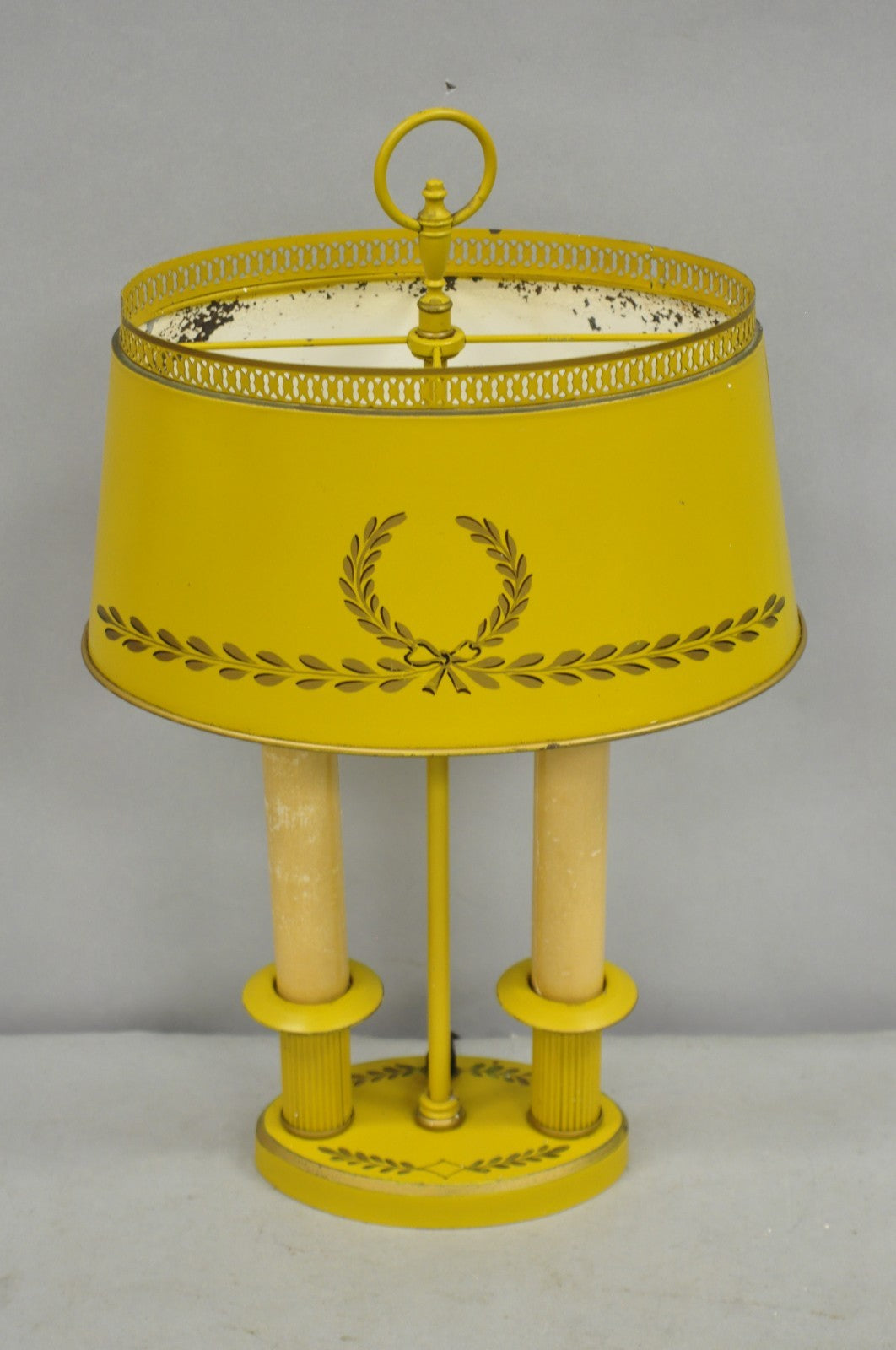 French Country Yellow Painted Tole Metal Bouillotte Candlestick Table Lamp