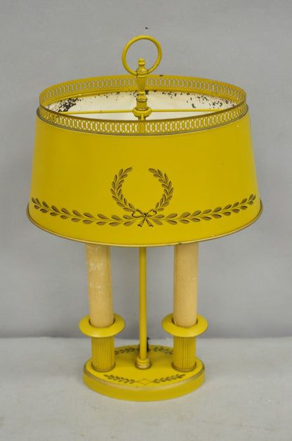 French Country Yellow Painted Tole Metal Bouillotte Candlestick Table Lamp