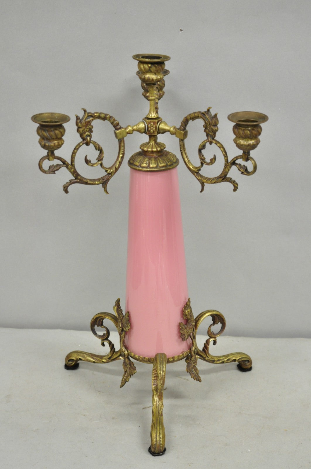 French Renaissance Art Nouveau Bronze 4 Candle Pink Glass Column Candelabra