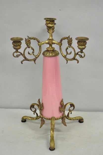 French Renaissance Art Nouveau Bronze 4 Candle Pink Glass Column Candelabra