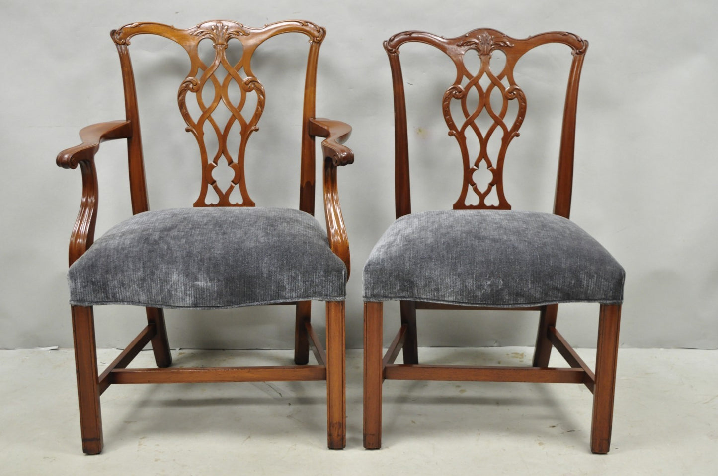 Antique Chippendale Style Mahogany Carved Fretwork Dining Chairs - Set of 10
