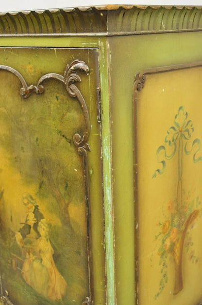 Antique French Renaissance Green Distress Painted Radio Cabinet Bar Cupboard