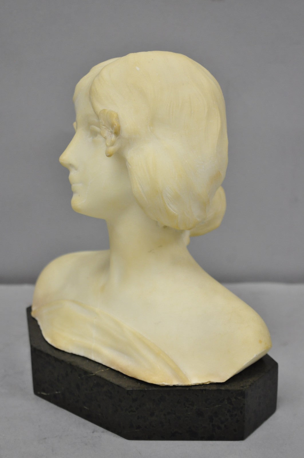 Antique Neoclassical Carved White Marble 9" Bust of Woman's Head on Marble Base