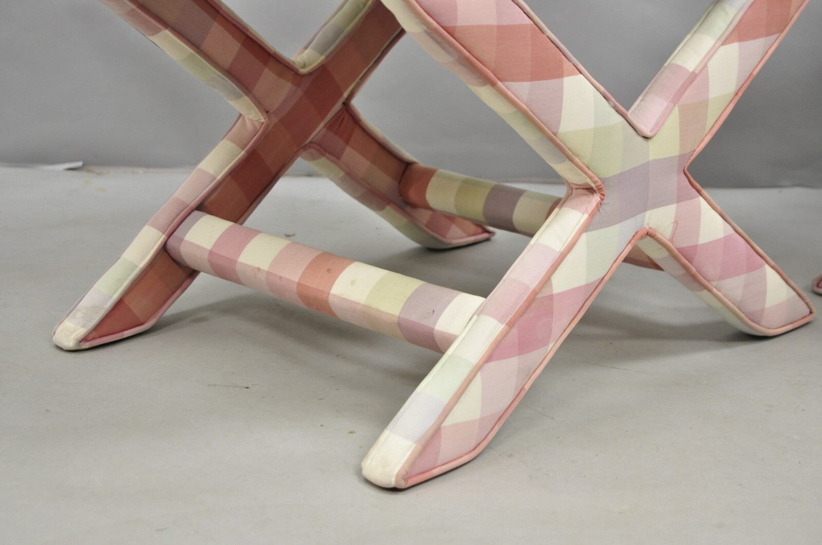 Vintage French Country Pink Plaid Hollywood Regency X-Stool Curule Bench Pair