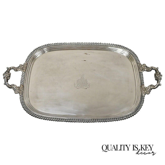 English Regency Silver Plated Twin Handle Platter Tray with Crest and Shield