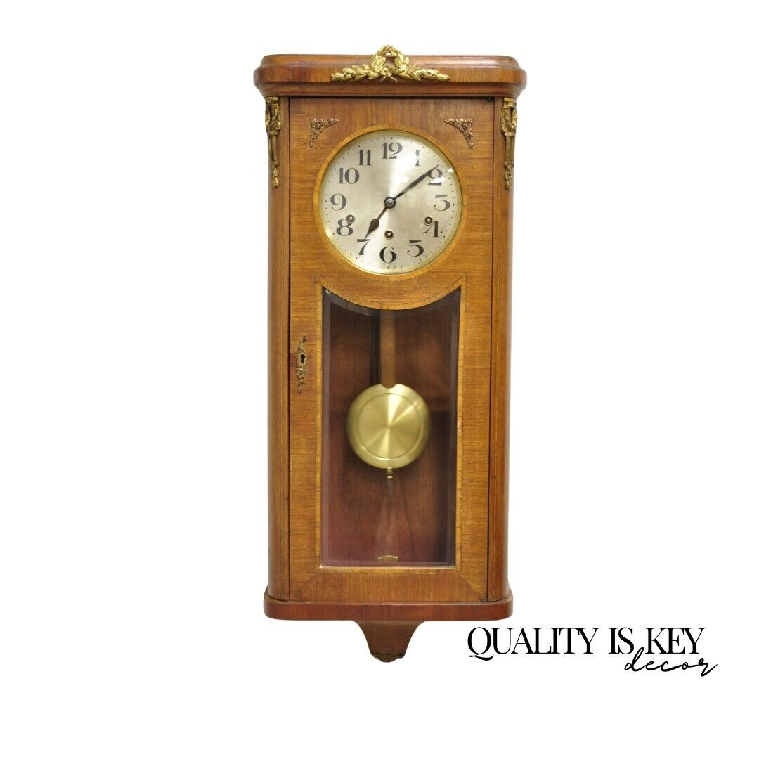 Antique German Inlaid French Style Box Wall Clock 8 Day with Westminster Chime