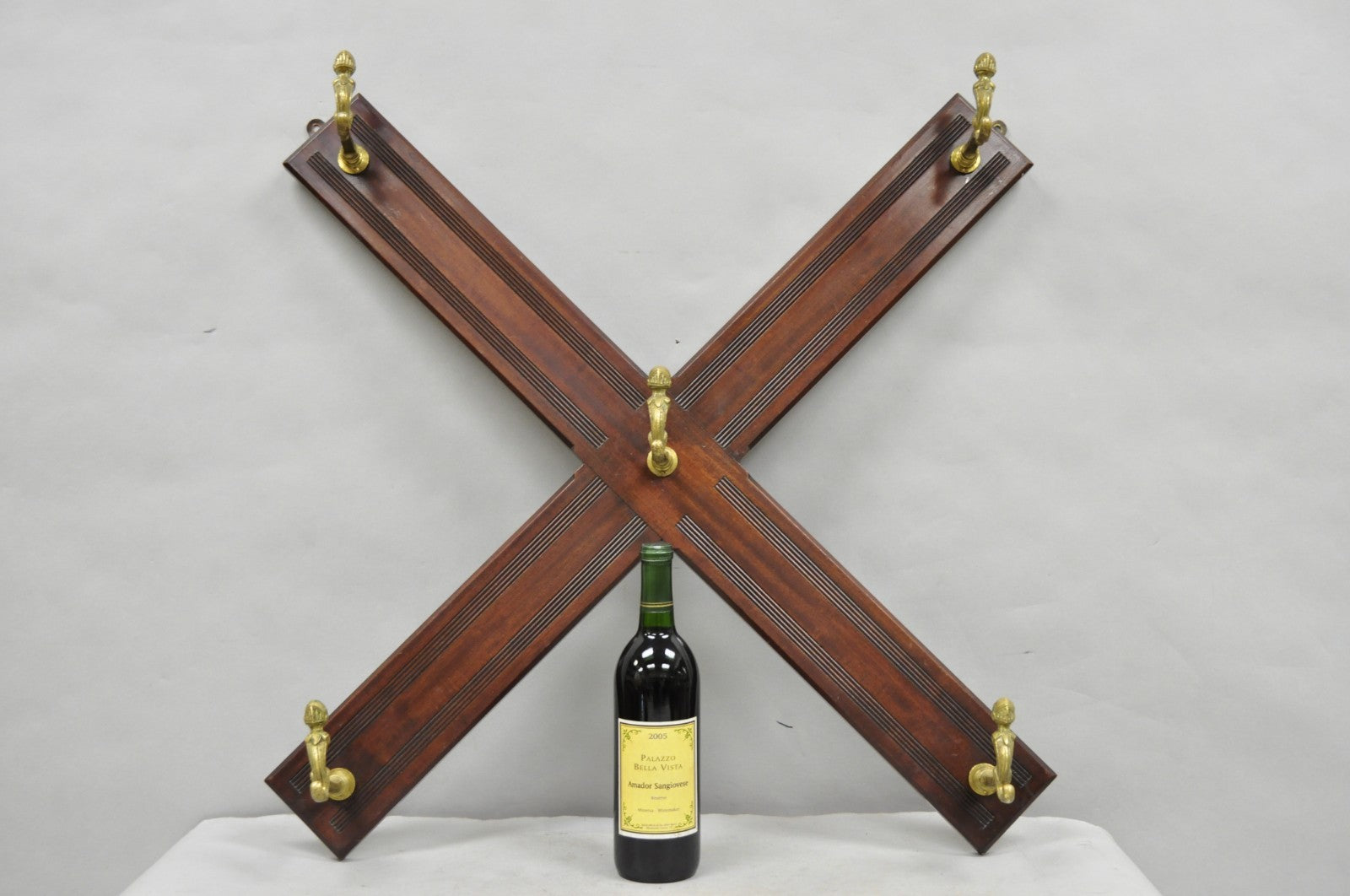 Antique Victorian Mahogany X-Form Wall Coat Rack w/ Brass Knight's Helmet Hooks