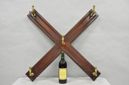 Antique Victorian Mahogany X-Form Wall Coat Rack w/ Brass Knight's Helmet Hooks