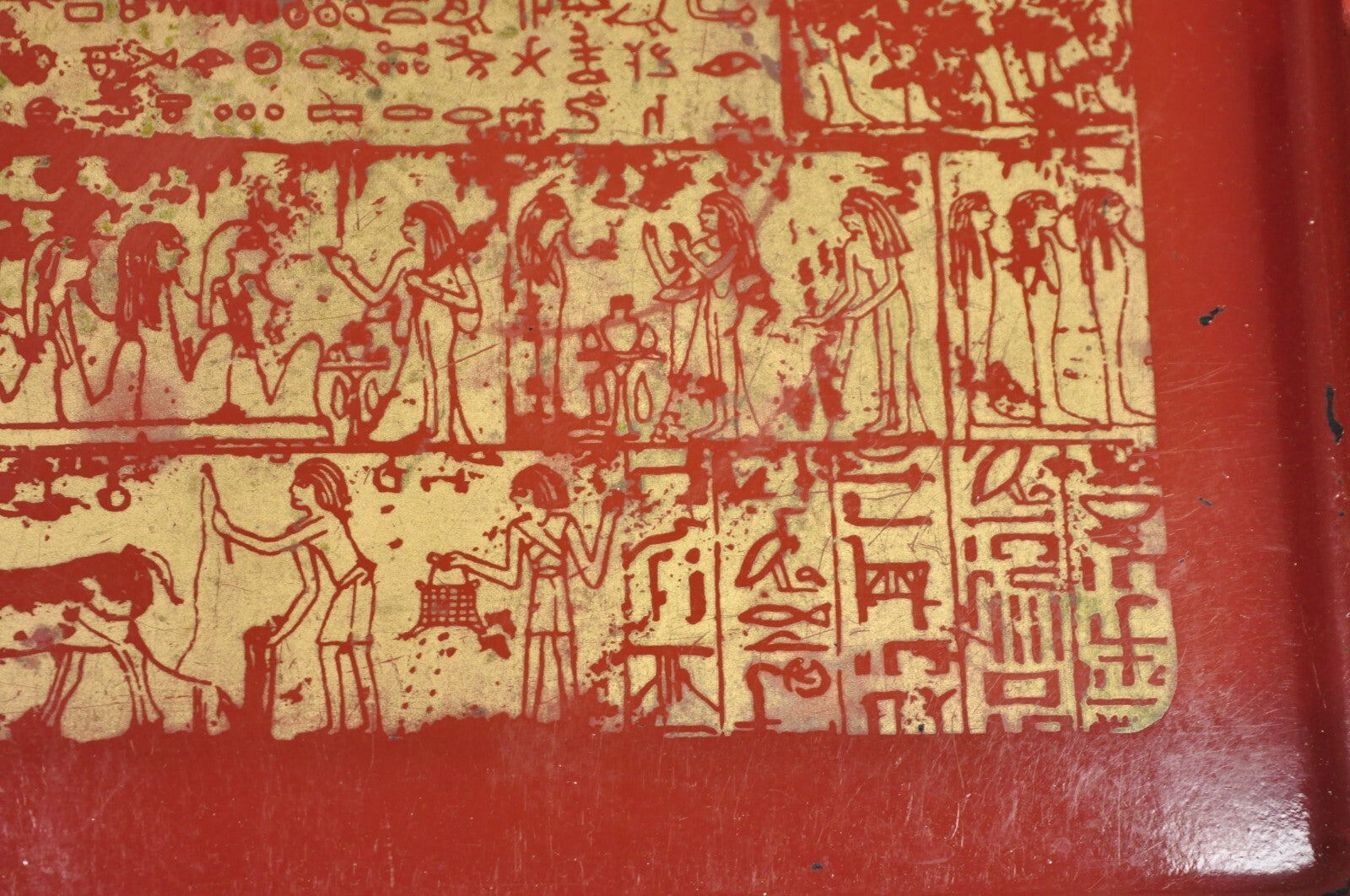 Red Lacquered Wood Ancient Egyptian Hieroglyphic Gold Papyrus Square Bar Tray