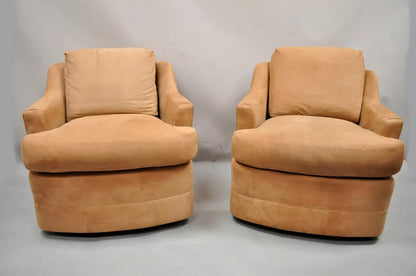 Vintage Mid Century Modern Brown Upholstered Swivel Lounge Club Chairs - a Pair