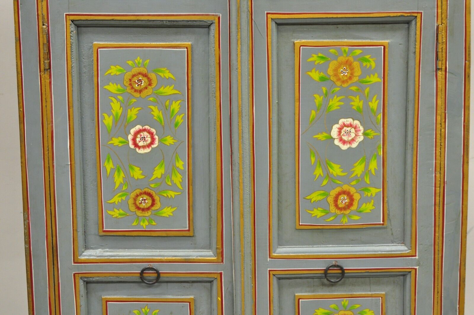 Vintage French Country Style Blue Painted Floral Wooden 2 Door Cupboard Cabinet