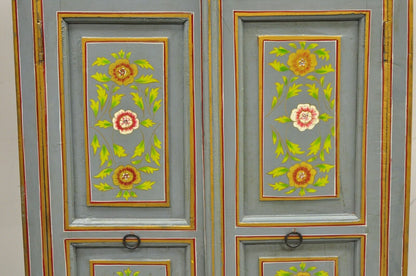 Vintage French Country Style Blue Painted Floral Wooden 2 Door Cupboard Cabinet
