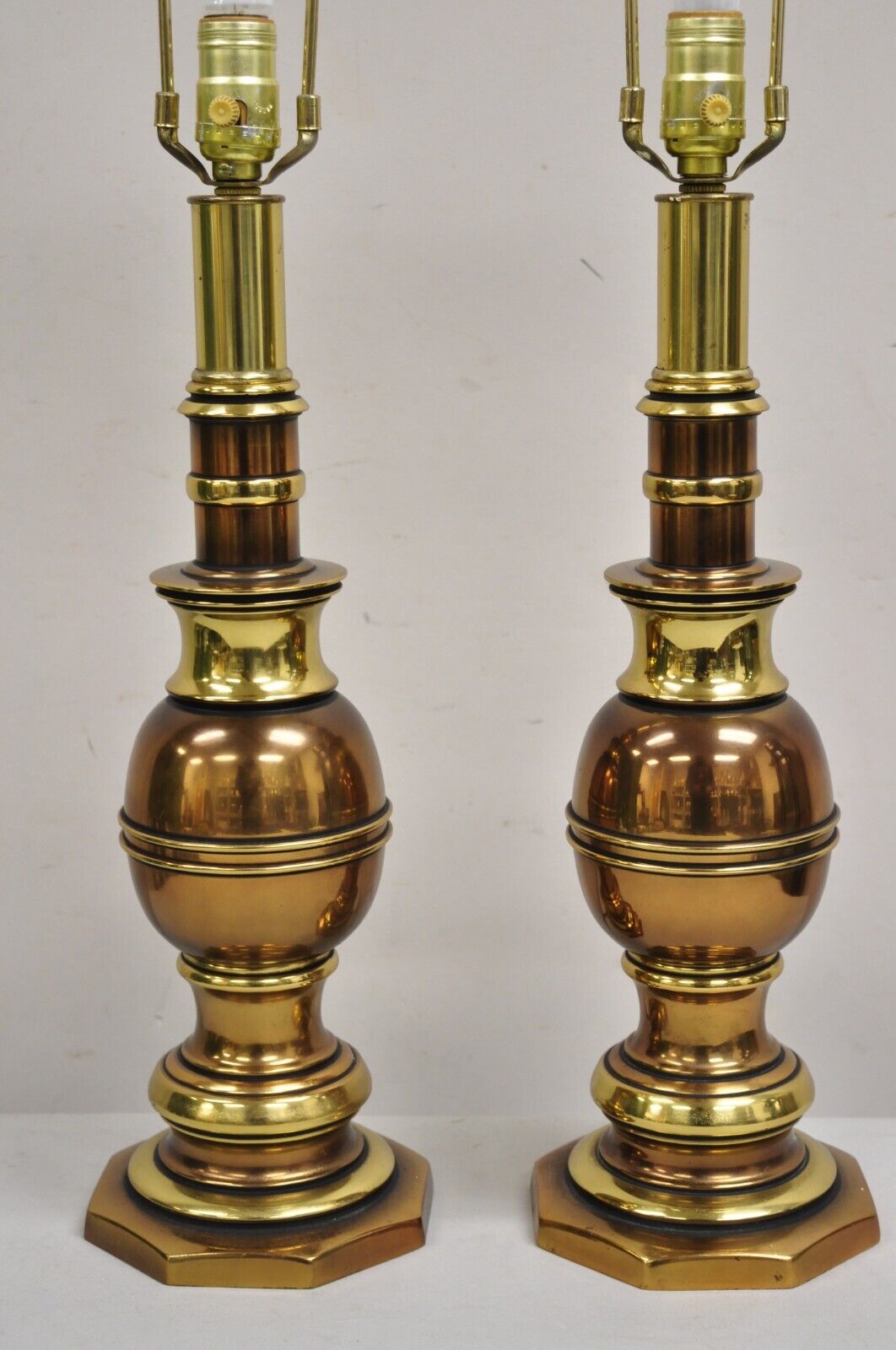 Vintage Hollywood Regency Brass & Copper Faux Bamboo Table Lamps - a Pair