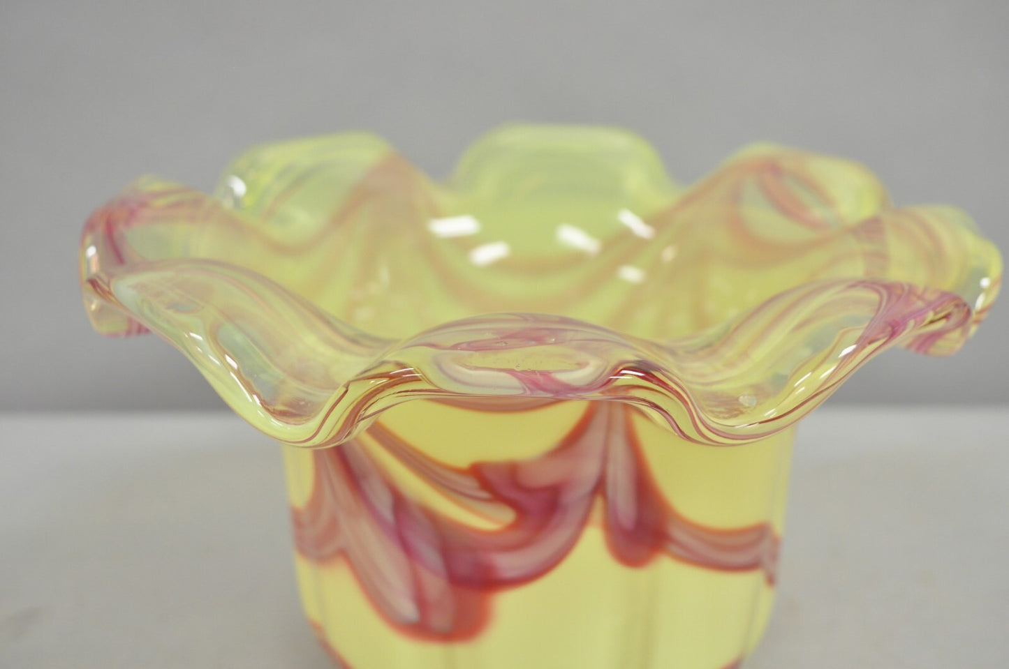 Vintage Murano Italy Hand Blown Glass Yellow Swirl Handkerchief Vase Bowl