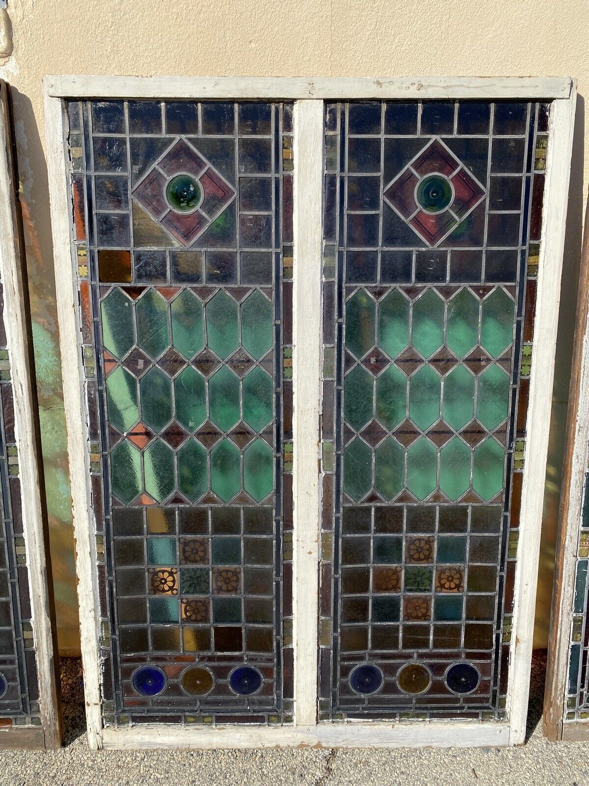 Antique Victorian 70 x 48 Double Stained Glass Window Pink Blue Green Jeweled