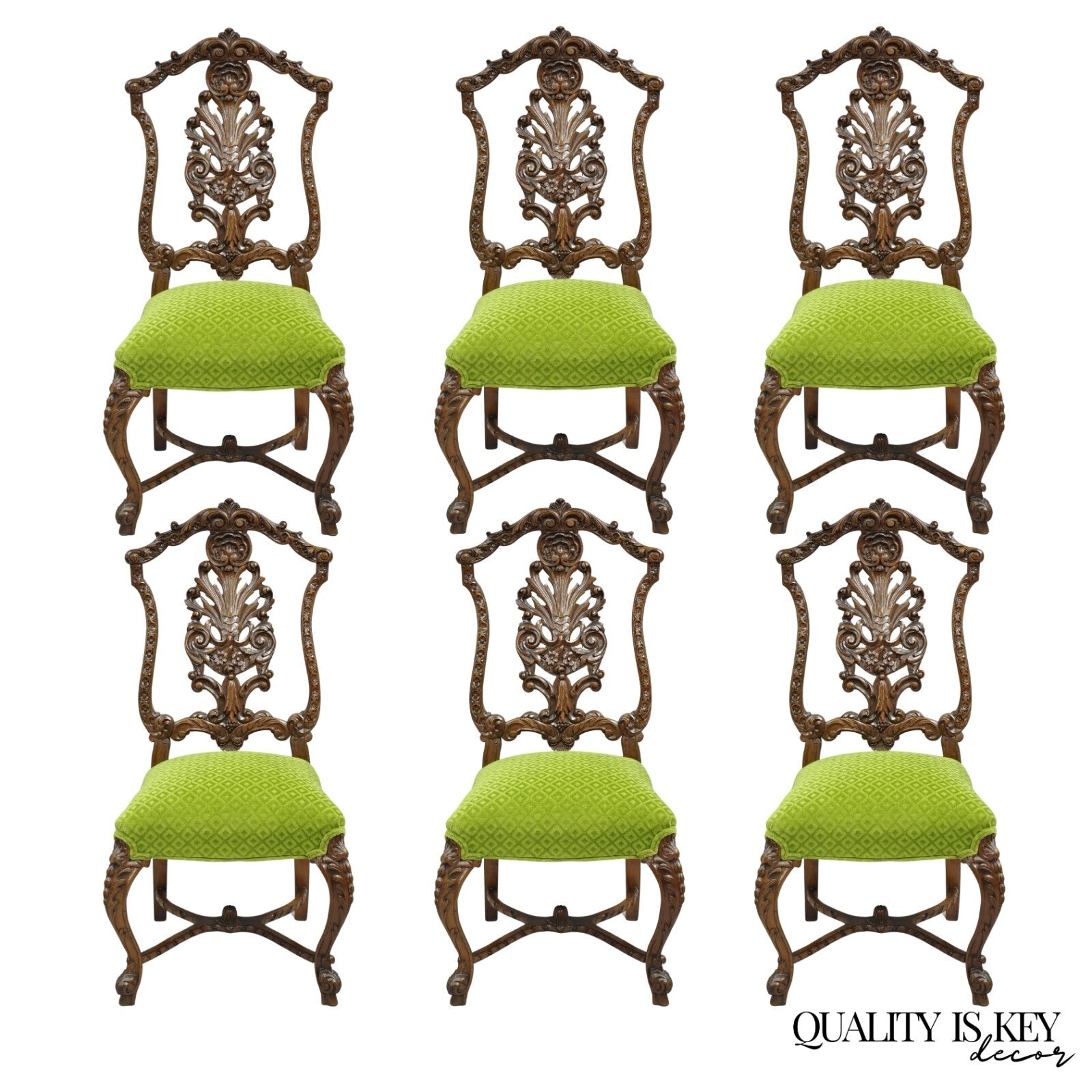 Antique French Rococo Revival Carved Walnut Dining Side Chairs - Set of 6