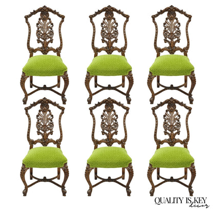 Antique French Rococo Revival Carved Walnut Dining Side Chairs - Set of 6