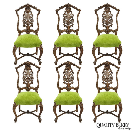 Antique French Rococo Revival Carved Walnut Dining Side Chairs - Set of 6