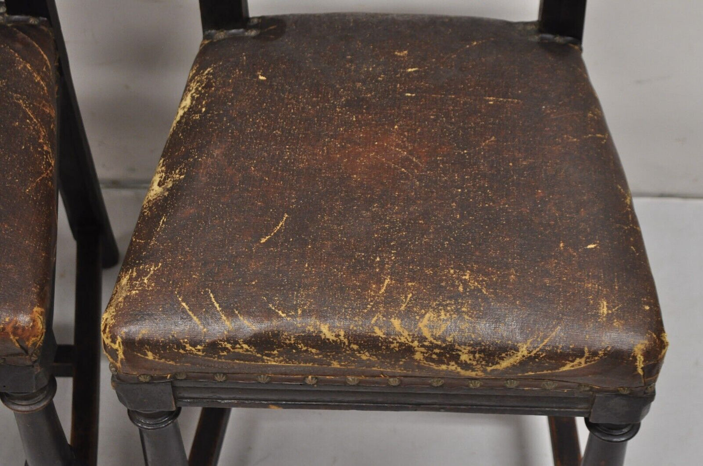 Antique Spanish Renaissance Carved Oak Wood Figural Leather Side Chairs - a Pair