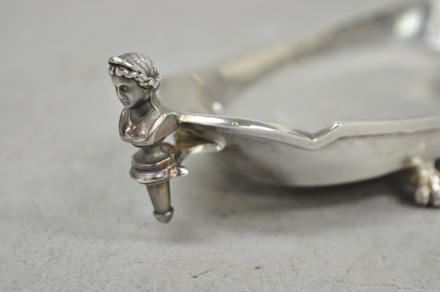 Antique French Renaissance Small Silver Plated Figural Twin Handle Trinket Dish
