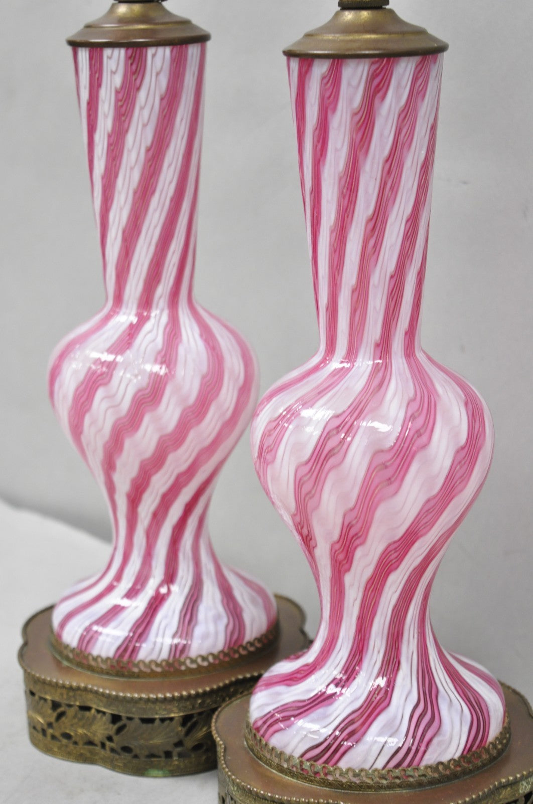 Vintage Italian Latticino Murano Pink Ribbon Swirl Glass Small Table Lamp - Pair