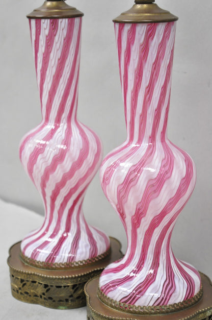 Vintage Italian Latticino Murano Pink Ribbon Swirl Glass Small Table Lamp - Pair