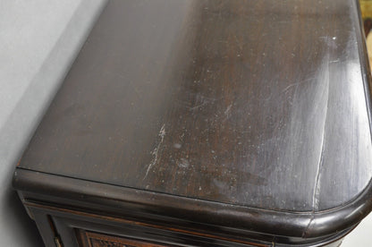 Vintage J L George Zee Chinese Figural Carved Teak Wood Flip Top Dry Bar Cabinet