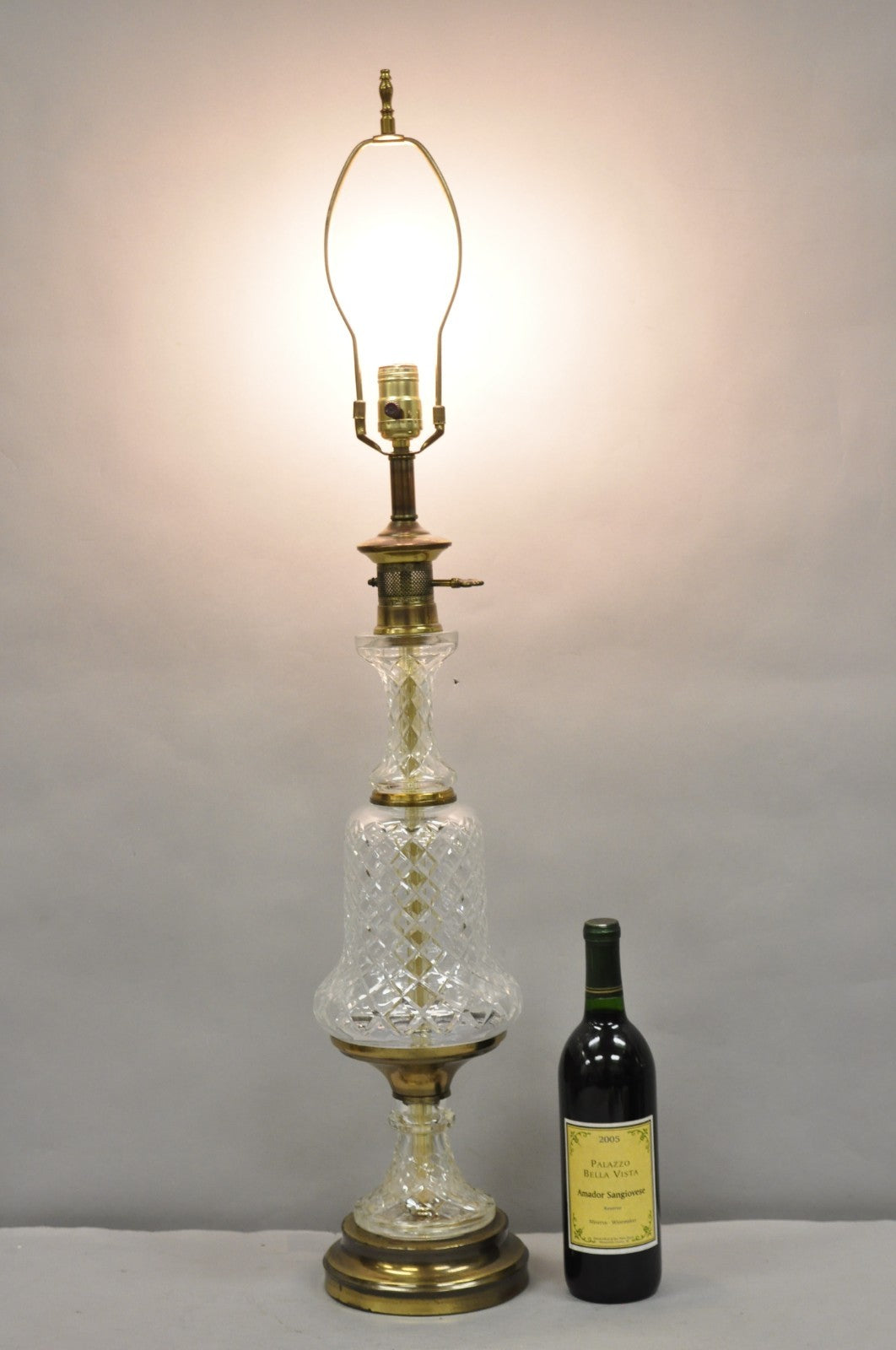 Vintage French Empire Style Crystal Glass Column Brass "Oil Lamp" Table Lamp