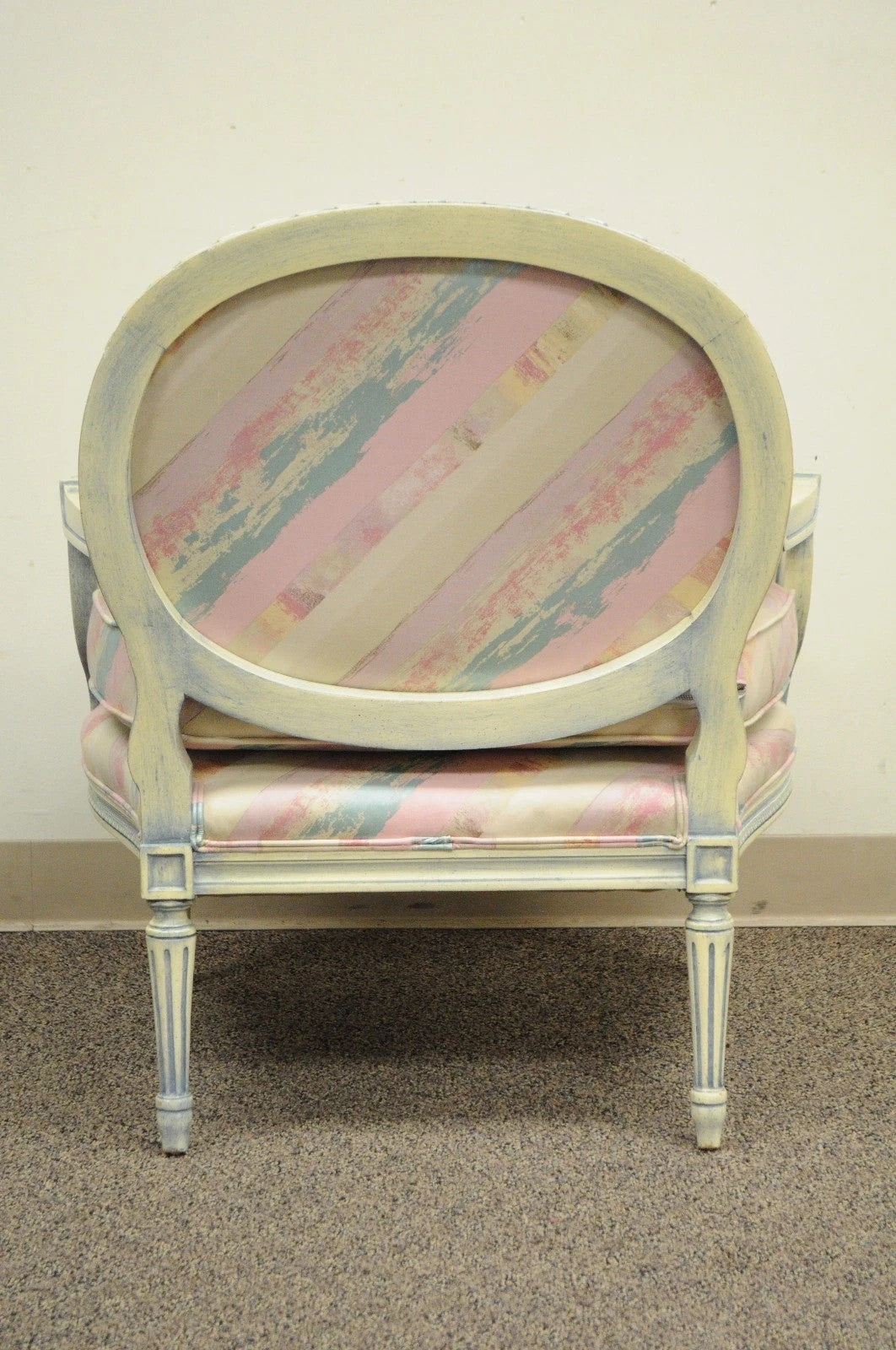 Vintage French Louis XVI Pink Blue Carved Bergere Boudoir Lounge Arm Chair