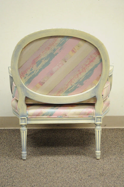 Vintage French Louis XVI Pink Blue Carved Bergere Boudoir Lounge Arm Chair