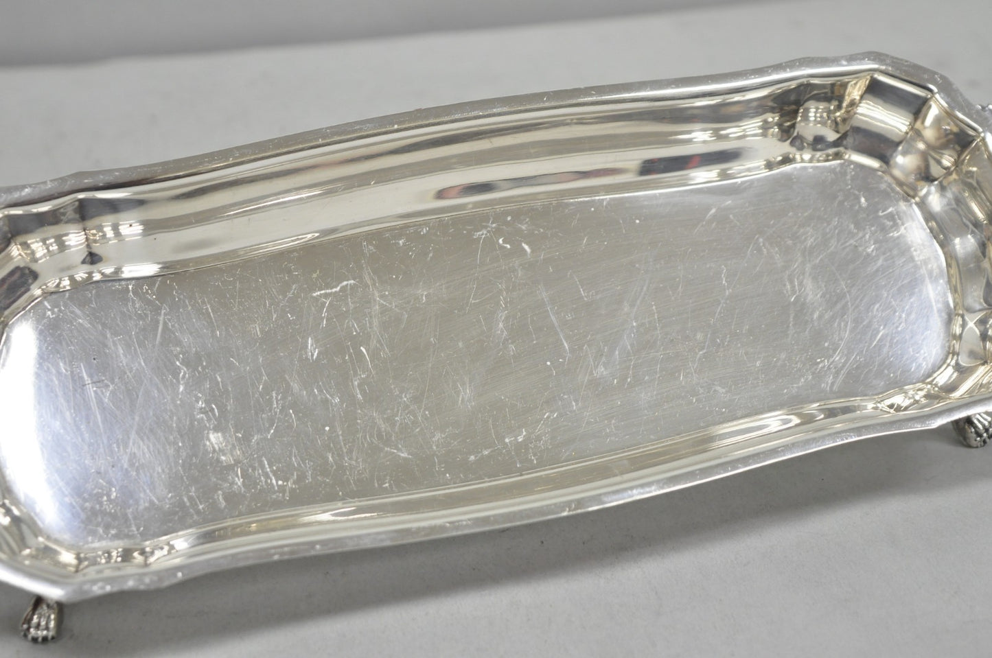Vintage English Regency Silver Plated Paw Foot Scalloped Narrow Trinket Dish