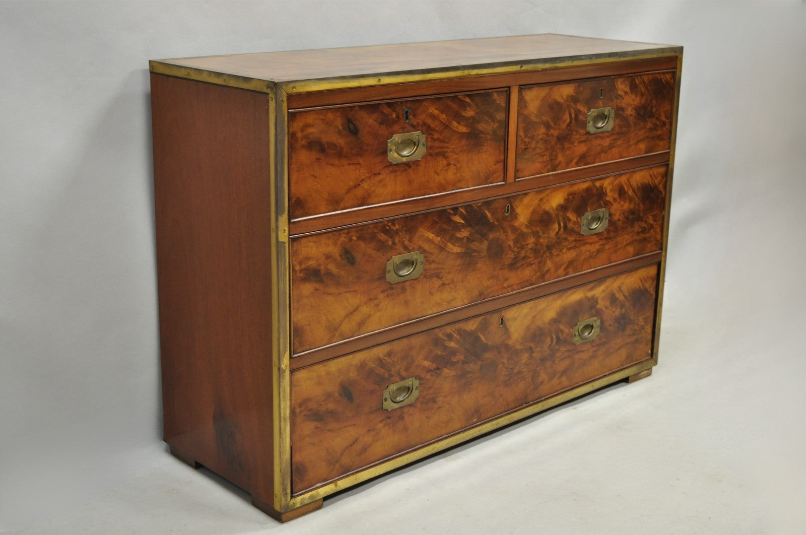 Antique English 4 Drawer Brass Banded Burr Walnut Campaign Chest Dresser