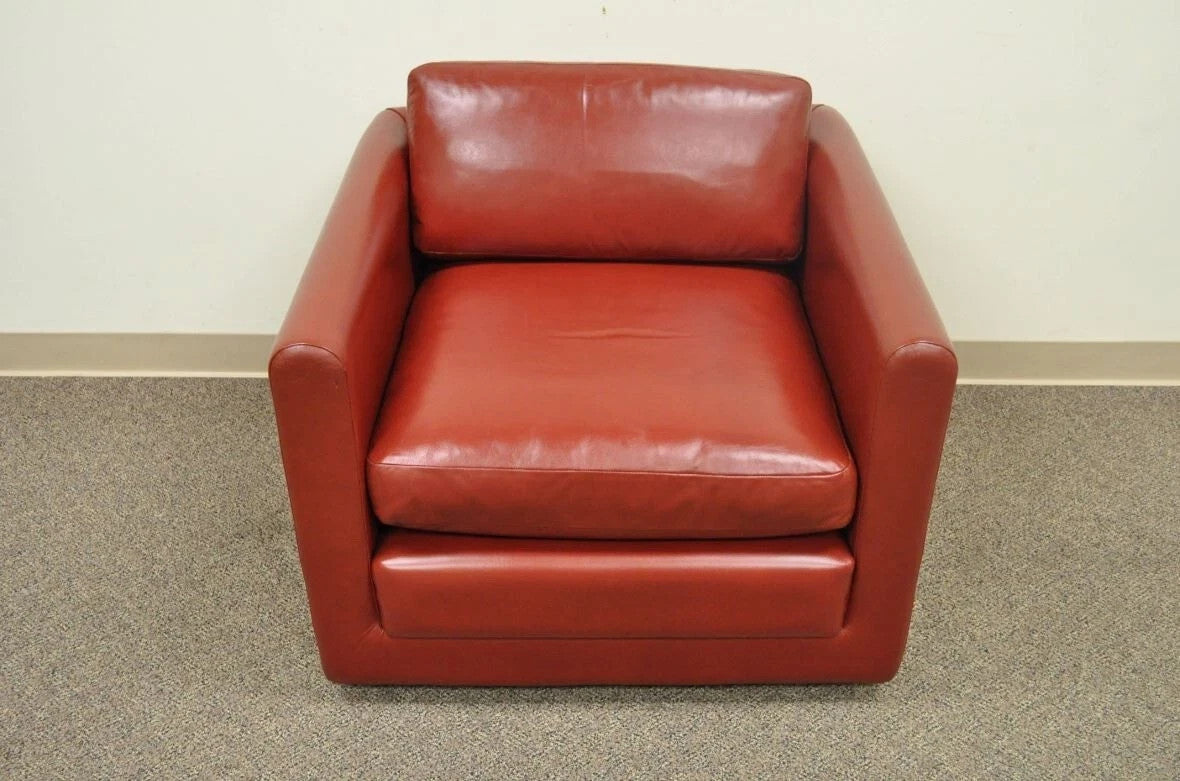 Vintage Mid Century Modern Red Leather Cube Club Lounge Chair on Rolling Casters