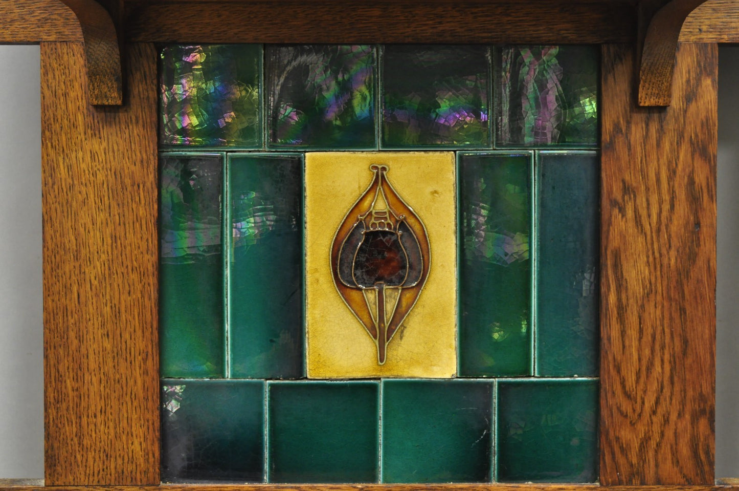 Antique English Art Nouveau Oak & Green Tile Coat Rack Umbrella Stand Hall Tree