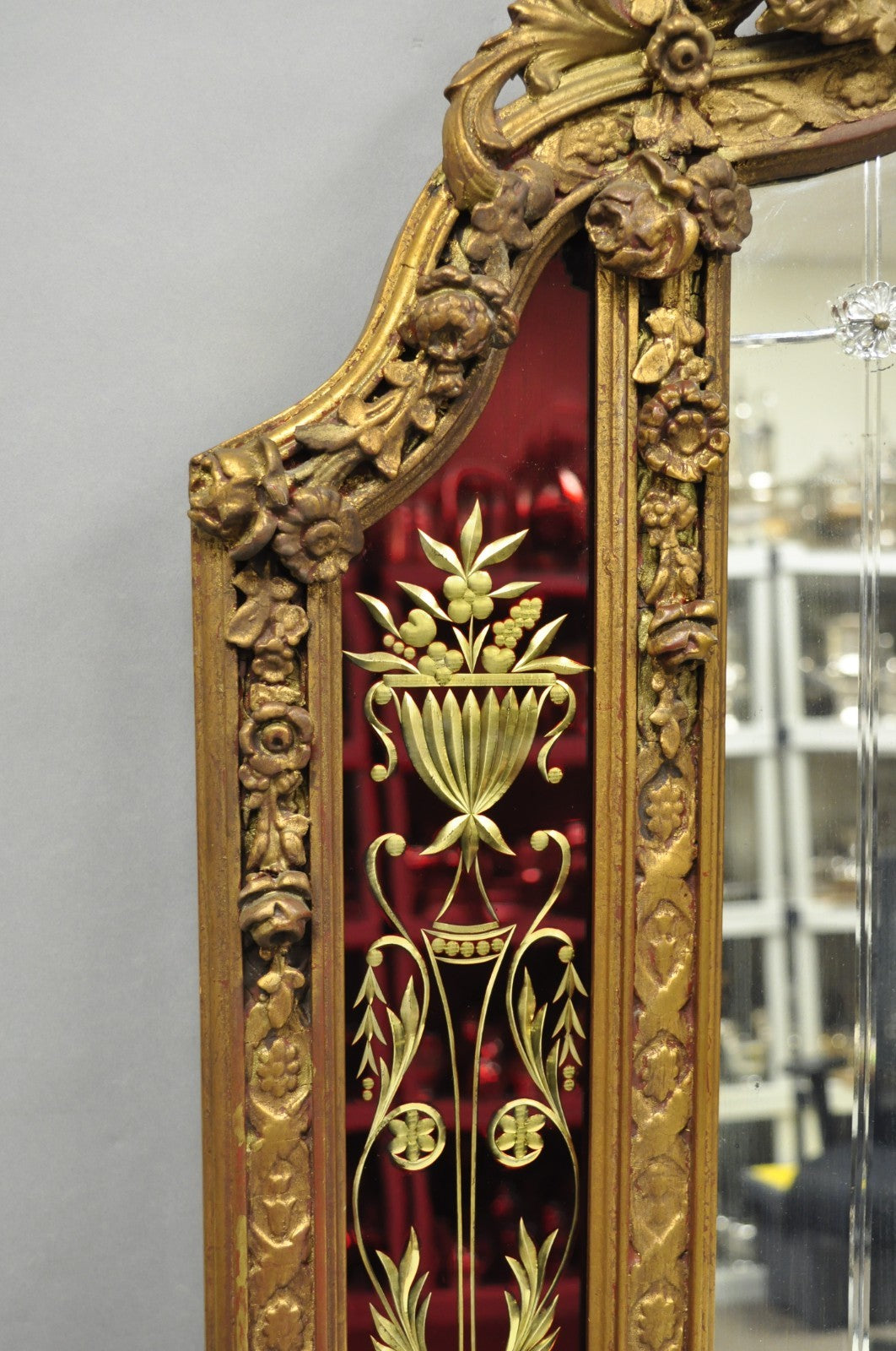 Antique French Neoclassical Baroque Gold Gilt Gesso Red Glass Frame Wall Mirror