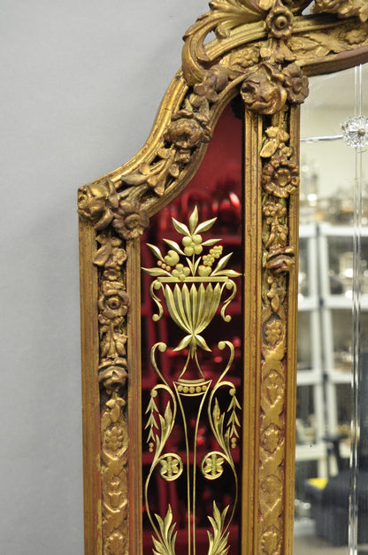 Antique French Neoclassical Baroque Gold Gilt Gesso Red Glass Frame Wall Mirror